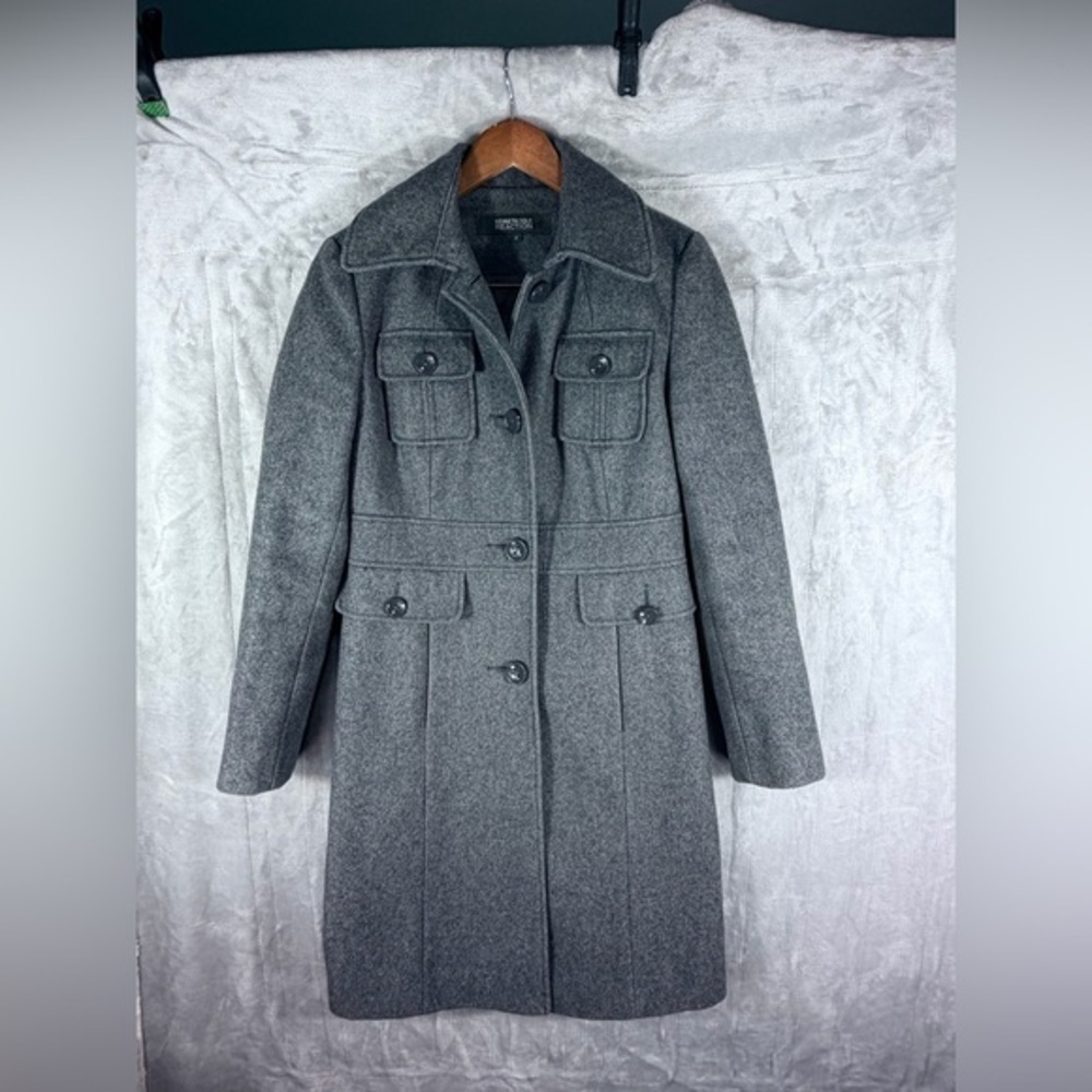 Kenneth Cole Reaction Wool Blend Long Military Coat Women Size 2 Gray preppy